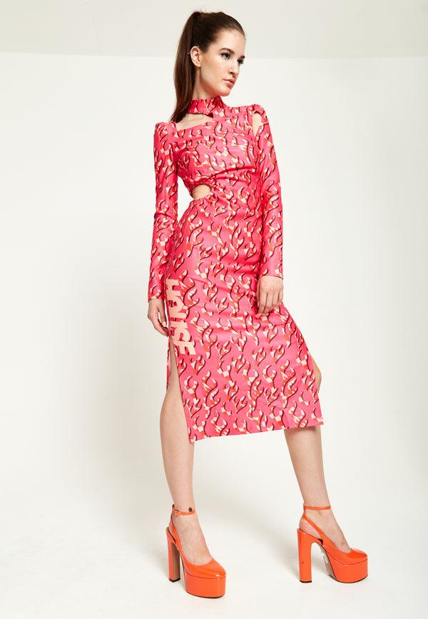 house of holland House Of Holland Pink Flame Clashing Colours Midi Dress With Cut Out Details