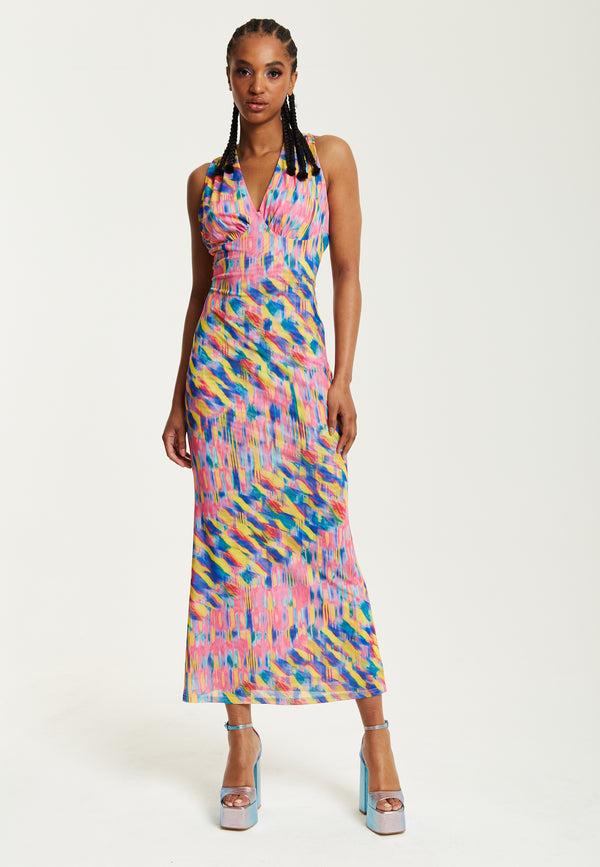 house of holland House of Holland Pink Maxi Dress With Multicolour Rainbow Print