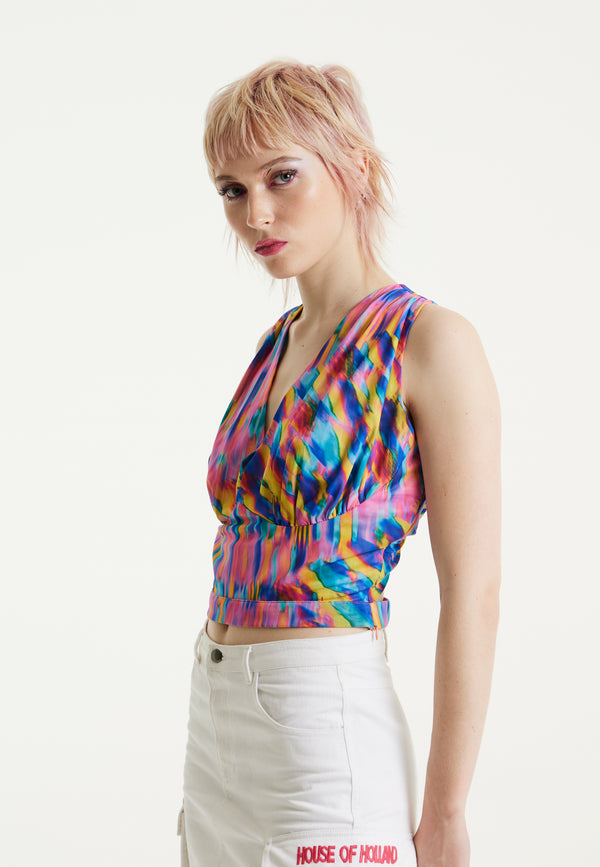 House Of Holland House Of Holland Pink Top With Multicolour Rainbow Print