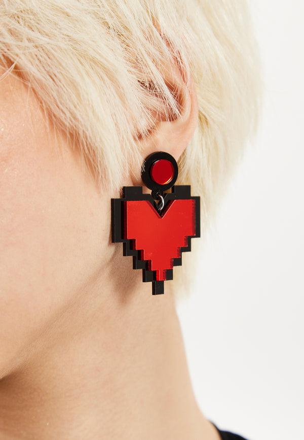 house of holland House of Holland Pixelated Heart Earrings With Mirror Finish