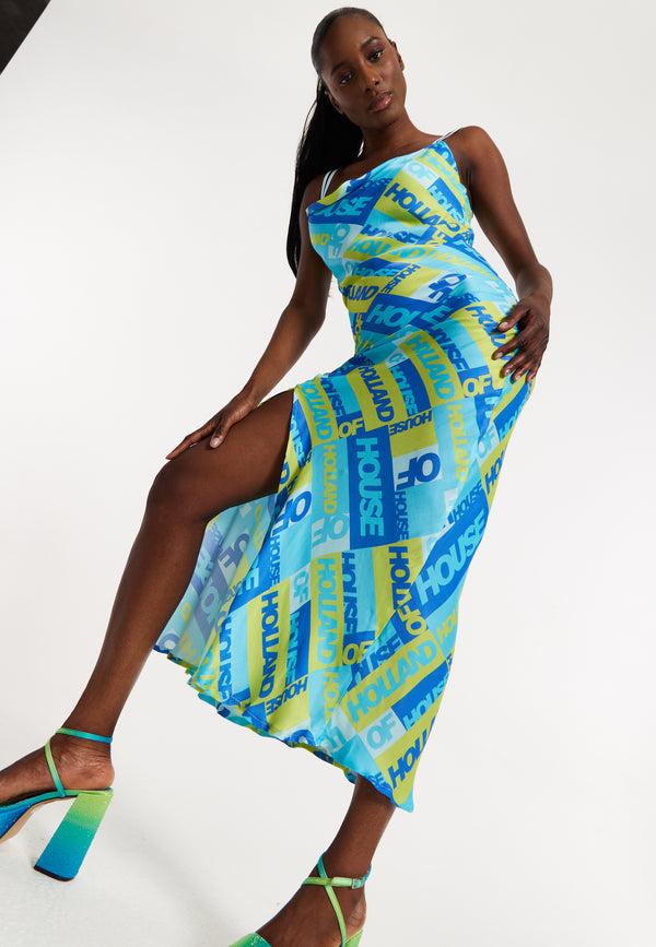 House Of Holland House Of Holland Printed Cowl Neck Midi Dress