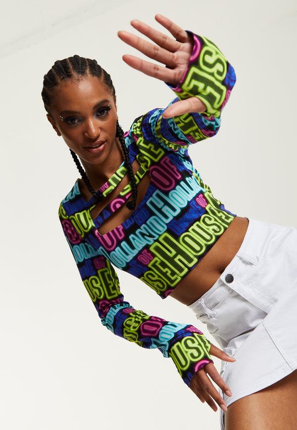 House Of Holland House Of Holland Printed Multicolour Crop Top With Cut Out Details