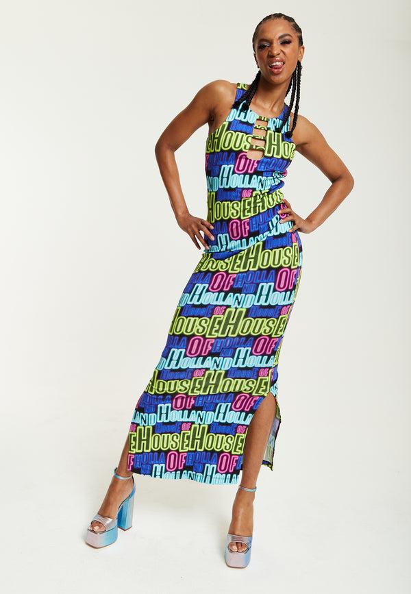 house of holland House of Holland Printed Multicolour Maxi Dress With Cut Out Details