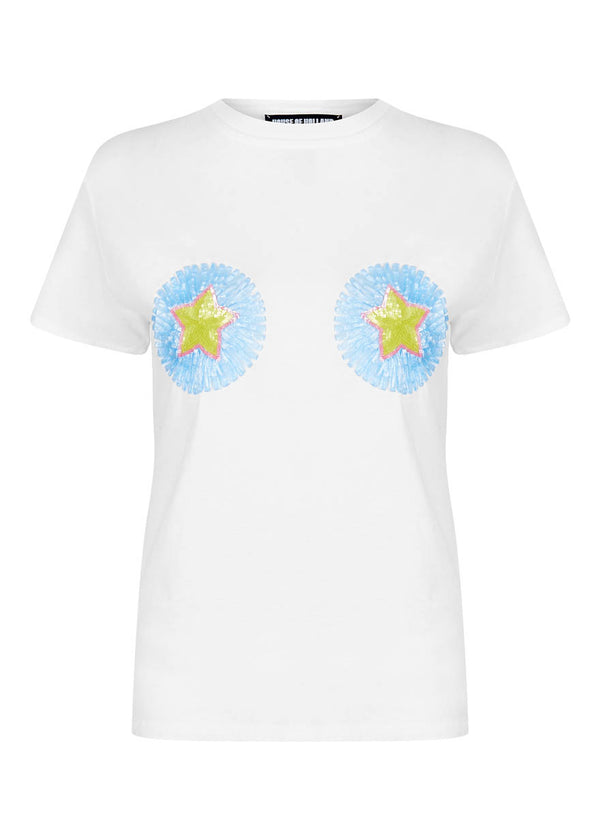 house of holland House of Holland Raffia Embellished Star White T-Shirt