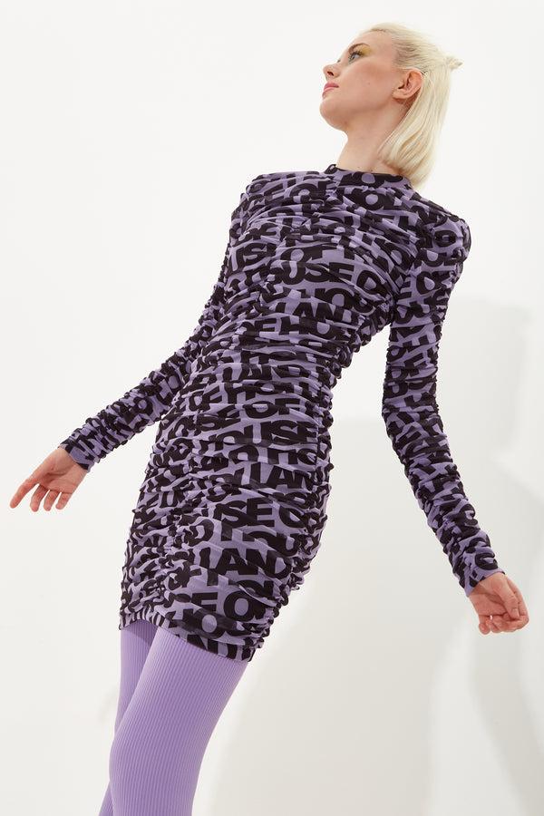 House Of Holland House Of Holland Rouched Mesh Long Sleeve Printed Mini Dress In Purple And Black