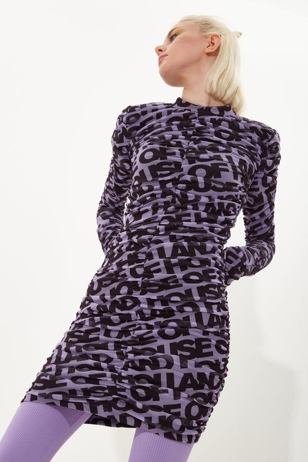 house of holland House Of Holland Rouched Mesh Long Sleeve Printed Mini Dress In Purple And Black