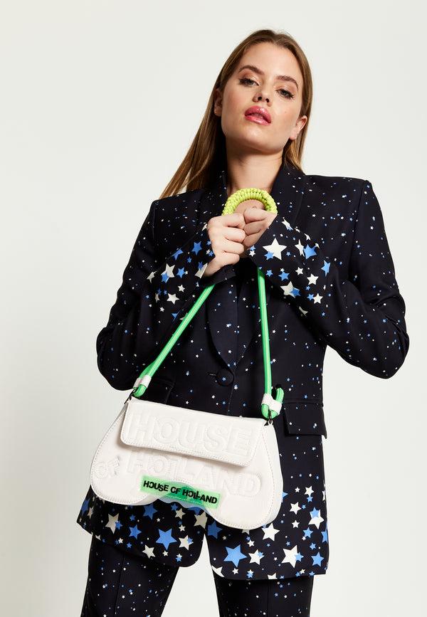 House Of Holland House Of Holland Saddle Bag White And Neon Green With Quilted Logo