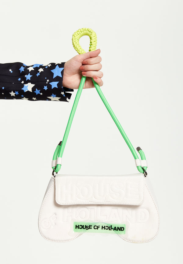 House Of Holland House Of Holland Saddle Bag White And Neon Green With Quilted Logo