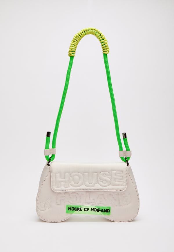 House Of Holland House Of Holland Saddle Bag White And Neon Green With Quilted Logo