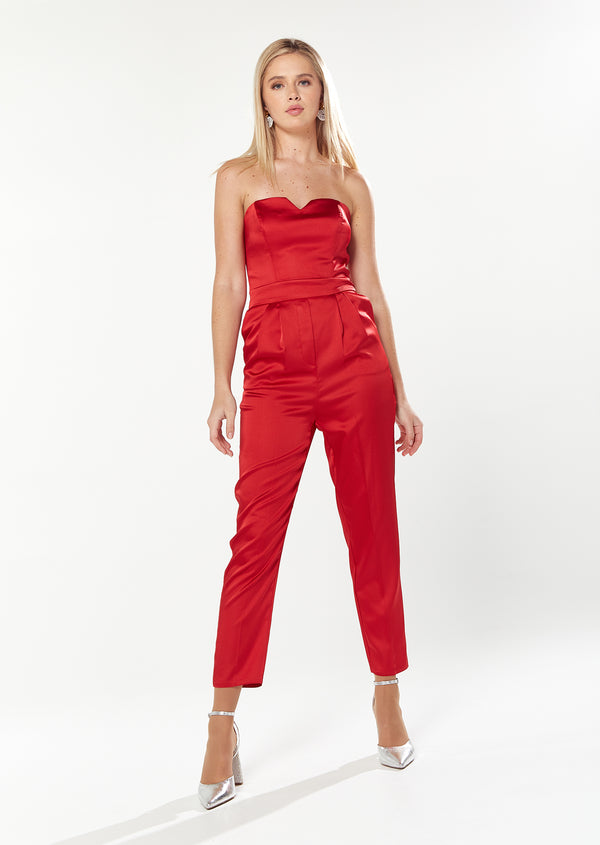 house of holland House Of Holland Satin Bandeau Jumpsuit In Red