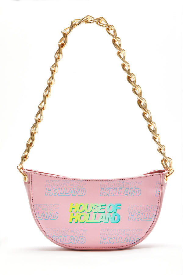 House Of Holland House Of Holland Shoulder Bag In Baby Pink With A Gold Chain Strap And Printed Logo