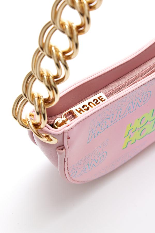 House Of Holland House Of Holland Shoulder Bag In Baby Pink With A Gold Chain Strap And Printed Logo
