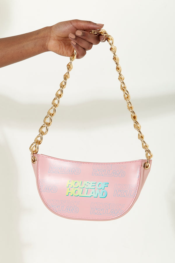 house of holland House Of Holland Shoulder Bag In Baby Pink With A Gold Chain Strap And Printed Logo