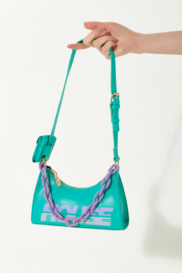 house of holland House Of Holland Shoulder Bag In Turquoise With ‘House’ Print