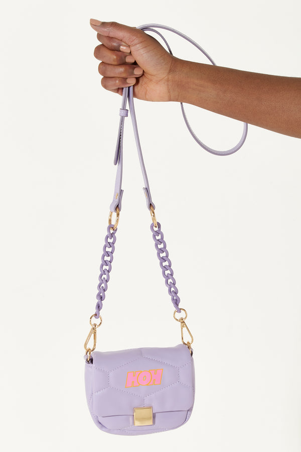 house of holland House Of Holland Small Cross Body Bag In Purple With A Chain Detail Strap And Printed Logo
