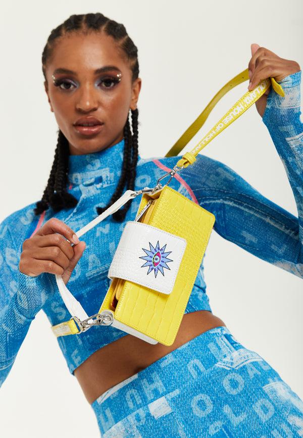 House Of Holland House Of Holland Small Crossbody Bag In Yellow And White With Printed Logo