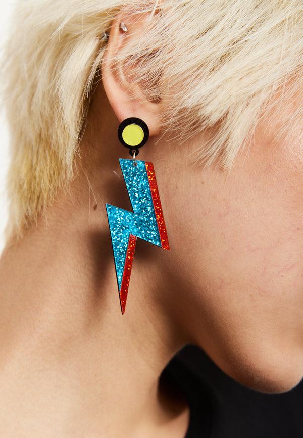 House Of Holland House Of Holland Sparkly Lightening Bolt Drop Style Earrings In Blue And Red
