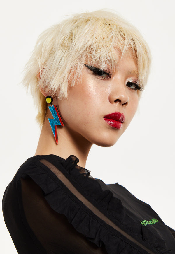 house of holland House of Holland Sparkly Lightening Bolt Drop Style Earrings In Blue And Red