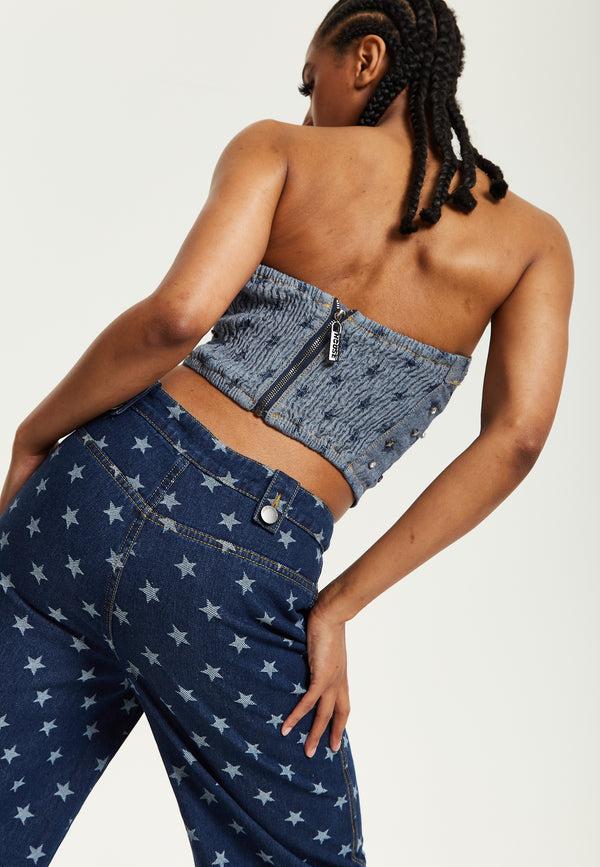 House Of Holland House Of Holland Star Print Grey Denim Bandeau Top
