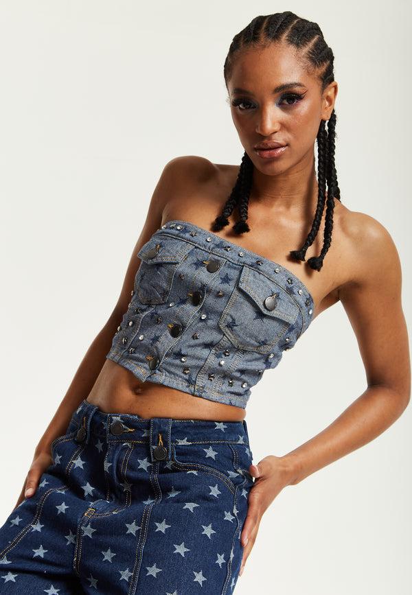 house of holland House of Holland Star Print Grey Denim Bandeau Top