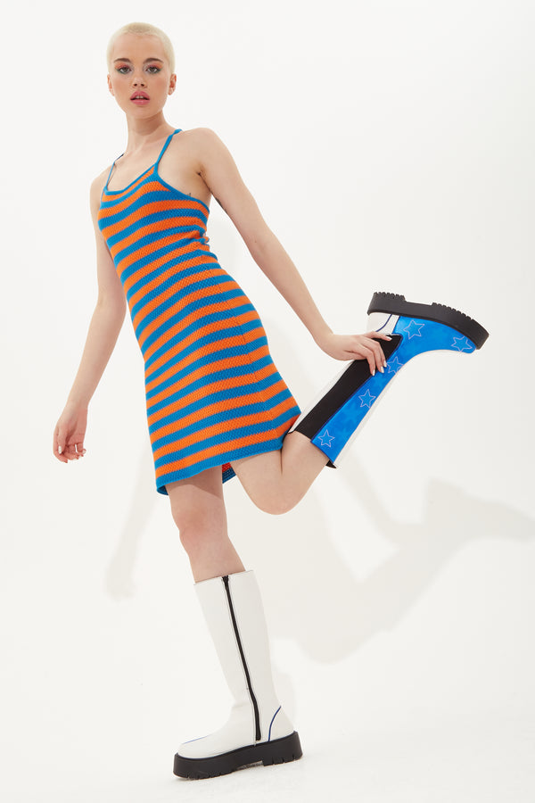 House Of Holland House Of Holland Stripe Knitted Mini Dress In Blue And Orange