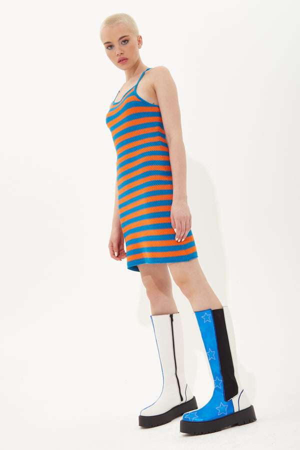 House Of Holland House Of Holland Stripe Knitted Mini Dress In Blue And Orange