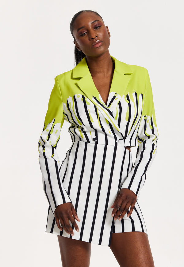House Of Holland House Of Holland Stripe Monochrome Acid Green Splash Skort Playsuit