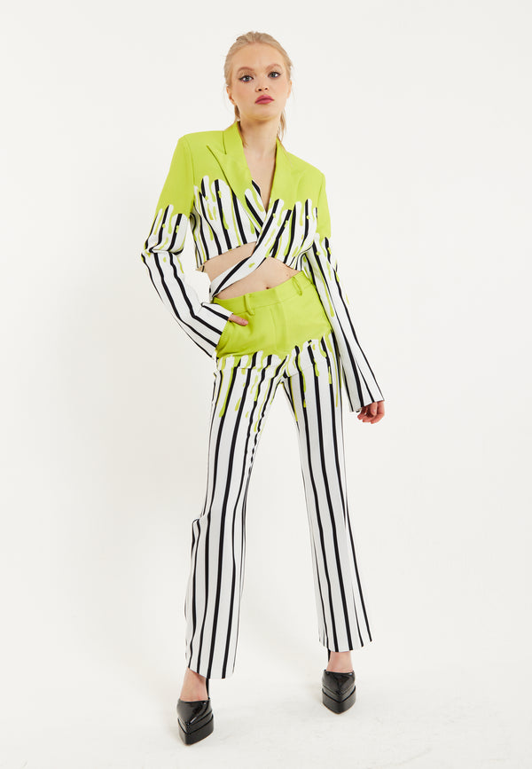 House Of Holland House Of Holland Stripe Monochrome Acid Green Splash Trousers