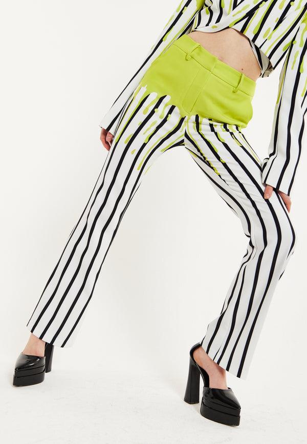house of holland House Of Holland Stripe Monochrome Acid Green Splash Trousers