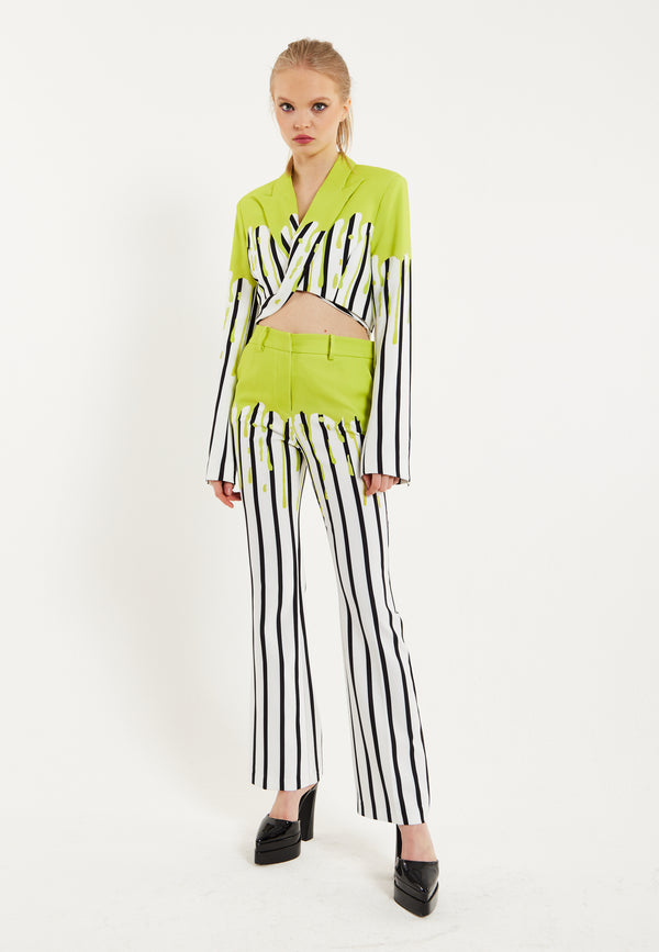 House Of Holland House Of Holland Stripe Monochrome Acid Green Splash Crop Blazer With Belt