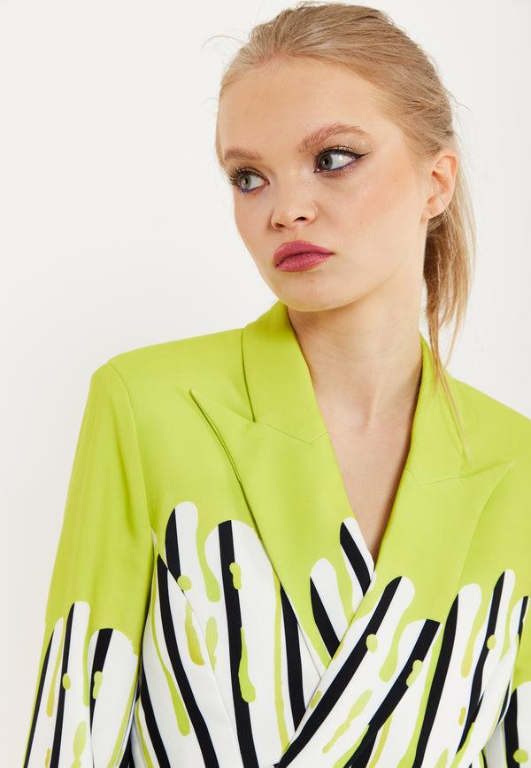 House Of Holland House Of Holland Stripe Monochrome Acid Green Splash Crop Blazer With Belt