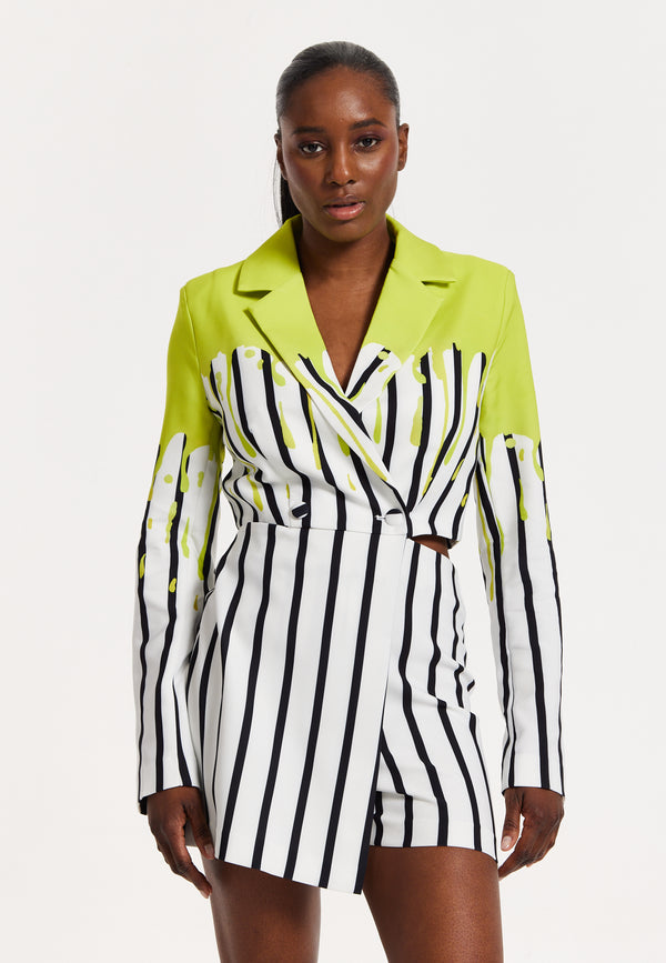 house of holland House Of Holland Stripe Monochrome Acid Green Splash Skort Playsuit