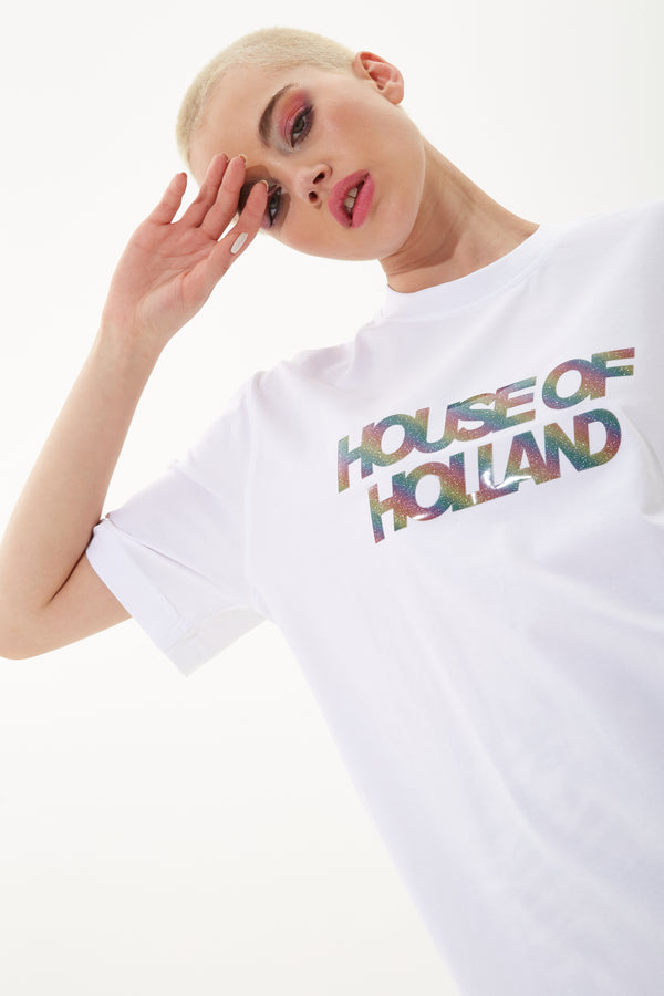 House Of Holland House Of Holland Unisex White T-Shirt With Shimmer Rainbow Transfer Print
