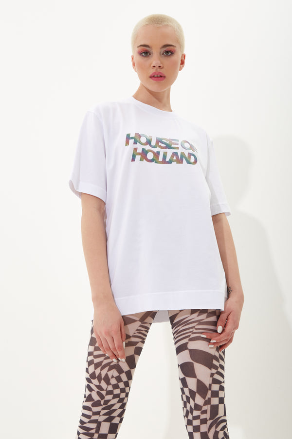 house of holland House Of Holland Unisex White T-Shirt With Shimmer Rainbow Transfer Print