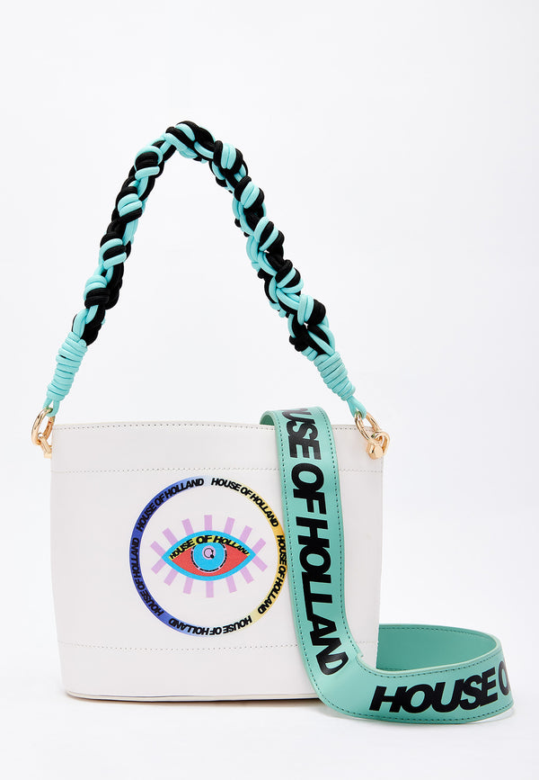 house of holland House Of Holland White Crossbody Bag with Printed Logo and Plait Handle