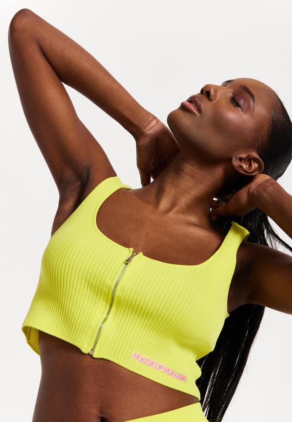 House Of Holland House Of Holland Yellow Knitted Rib Cropped Vest With A Front Zip