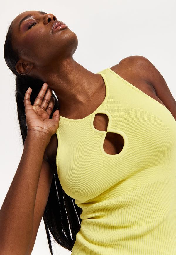 House Of Holland Lemon Yellow Ribbed Cut-Out Mini Dress