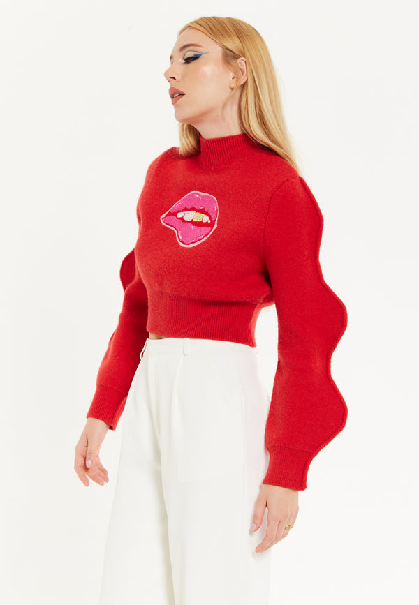 House Of Holland Lip Embroidery Wave Sleeve Jumper In Red