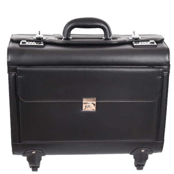 House Of Leather 4 Wheel Spinner Leather Pilot Case Flight Carry On Cabin Bag HOL966 Black