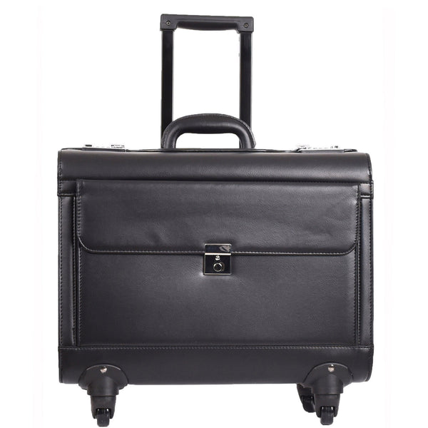 house of leather 4 Wheel Spinner Leather Pilot Case Flight Carry on Cabin Bag HOL966 Black