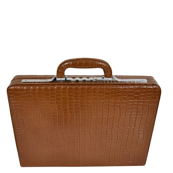 House Of Leather Croc-Print Brown Leather Classic Attaché Briefcase Bag Slim Line Dual Lock HOL87