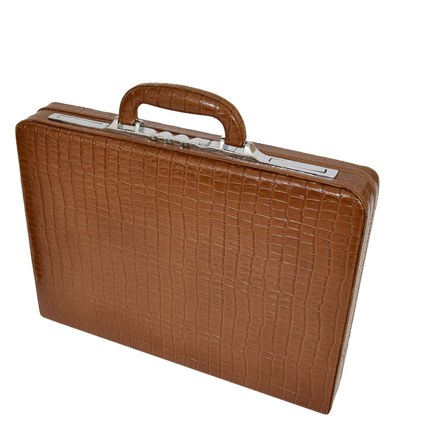 House Of Leather Croc-Print Brown Leather Classic Attaché Briefcase Bag Slim Line Dual Lock HOL87