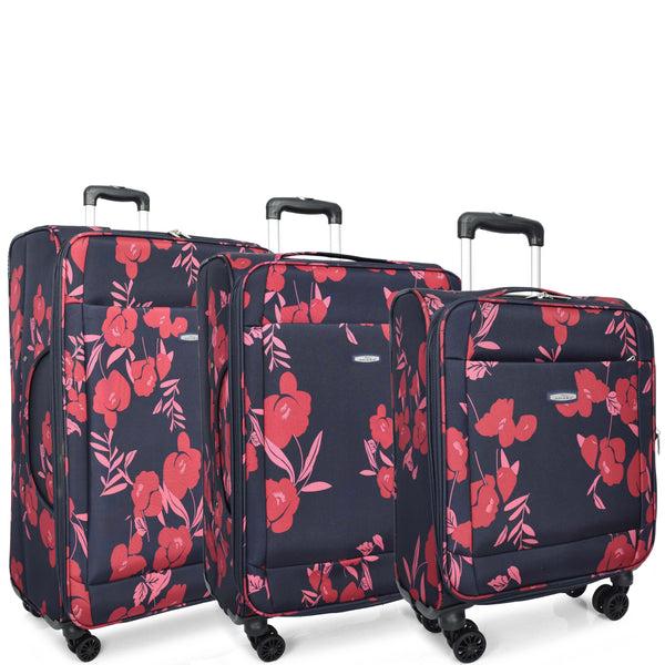 house of leather Four Wheel Lightweight Suitcase Flower Print Navy