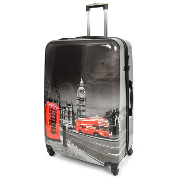 House Of Leather Four Wheels Hard Shell London Night Print Luggage
