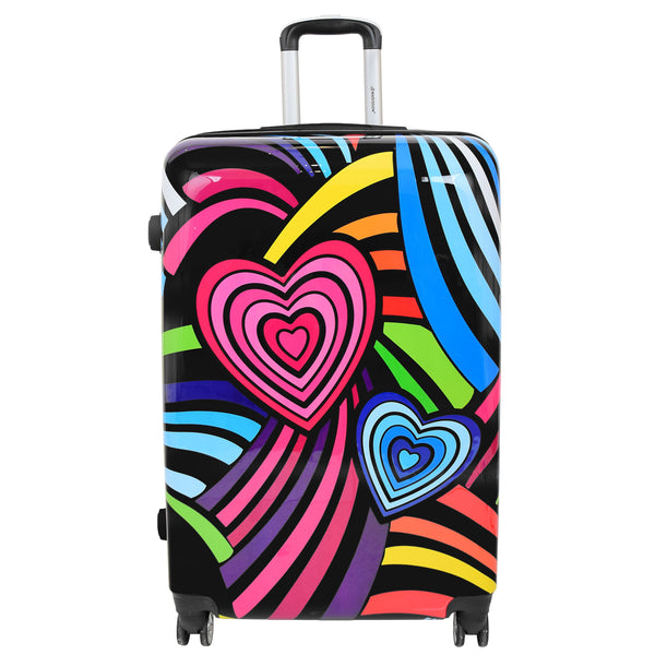 House Of Leather Four Wheels Multi Hearts Print Suitcase Cosmos Black