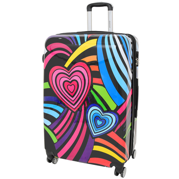 House Of Leather Four Wheels Multi Hearts Print Suitcase Cosmos Black