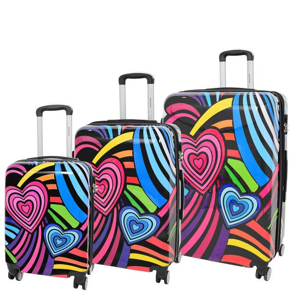 house of leather Four Wheels Multi Hearts Print Suitcase Cosmos Black