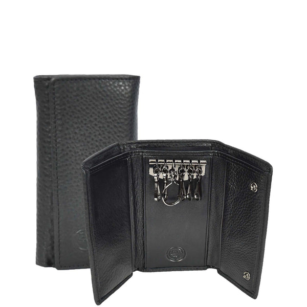 house of leather Genuine Leather Large Size Tri-Fold Wallet Key Case Pouch Cosen Black
