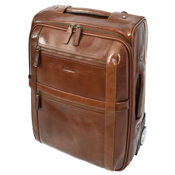 House Of Leather Genuine Leather Suitcase On Wheels Cabin Size Trolley Travel Bags Bourse Chestnut
