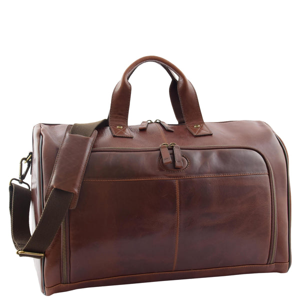 house of leather Genuine Leather Travel Holdall Overnight Bag HL015 Brown